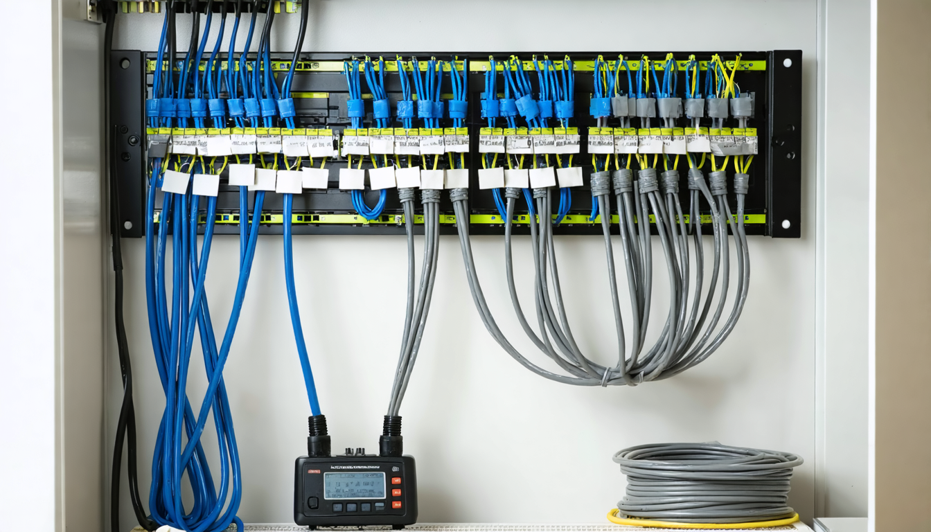 Illustration: Open network closet with a wall-mounted patch panel. Most ports hold tidy blue patch cables, but four adjacent ports hold older grey cables, each tied with a blank paper tag. A cable tester and a spare coil of cable sit on a shelf below. Daylight comes from a nearby door, and the metal and plastic show ordinary wear.