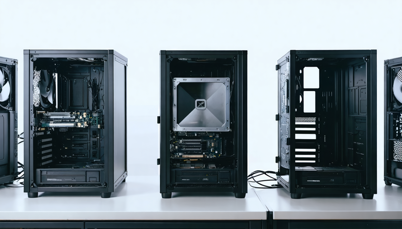 Illustration: A row of identical bare developer workstation towers on a plain workbench in an office, side panels removed. Inside one tower a small steel shield-shaped bracket is bolted to the motherboard standoffs, a different make of hardware from the rest. The other towers' interiors are empty. No monitors, no keyboards, no labels.