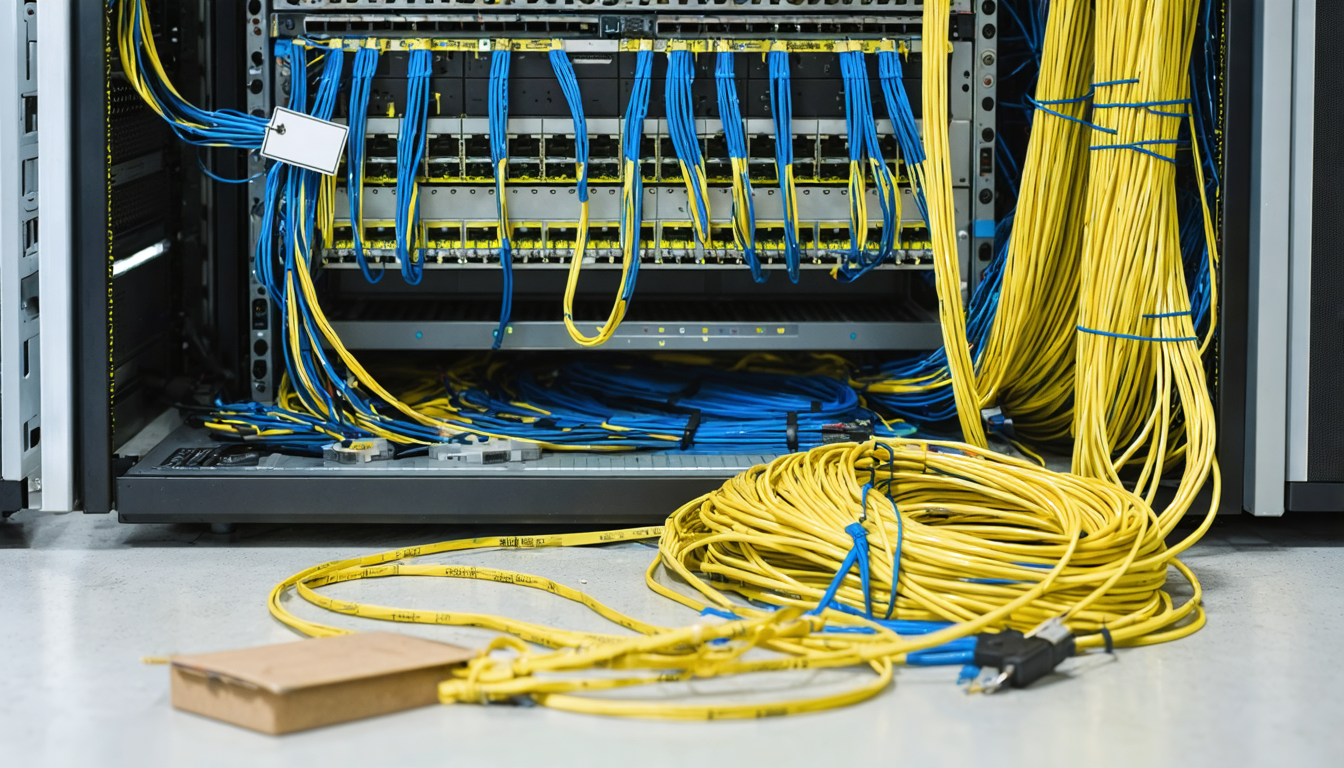 Illustration: Open network rack in a server room: one thick pre-bundled cable loom runs cleanly from a patch panel down into a cable tray, a blank cardboard claim tag tied to it with string. On the floor beside the rack lie loose individual patch cables in a tangle, unused, with one dangling unplugged port above.