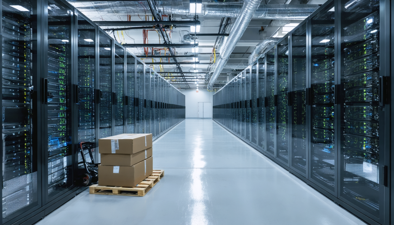 Illustration: Inside a half-built data hall, a row of server racks stands with GPU servers fully installed in the near racks while the far racks are empty frames. Thick power cables and cooling pipes run overhead toward the empty racks. Unopened shipping crates and a pallet jack sit on the polished concrete floor beside the gap, lit by ceiling fixtures.