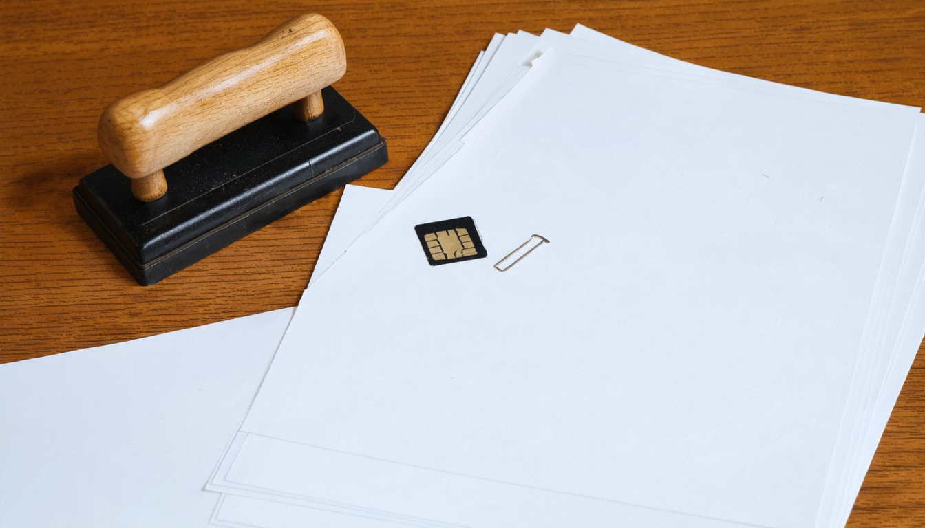 Illustration: A rubber inspection stamp pad and a plain unmarked wooden-handled stamp rest on a worn clerk's desk beside a stack of blank vendor approval folders. One folder lies open; tucked inside, between clean pages, is a small phone SIM-ejector pin and a single loose phone SIM card bent slightly, as if slipped into an approved file.