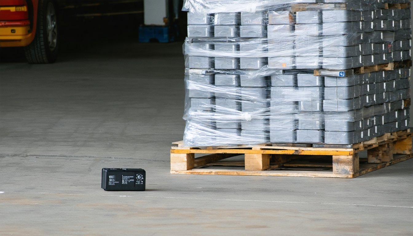 Illustration: On a concrete workshop floor, a single small bare lithium-ion pouch cell sits beside a very large stack of identical unmarked battery modules wrapped in grey plastic film on a pallet. The small unit is plain matte metal; the big stack towers over it, with a smaller, worn pack in front showing long use. No labels or printing.