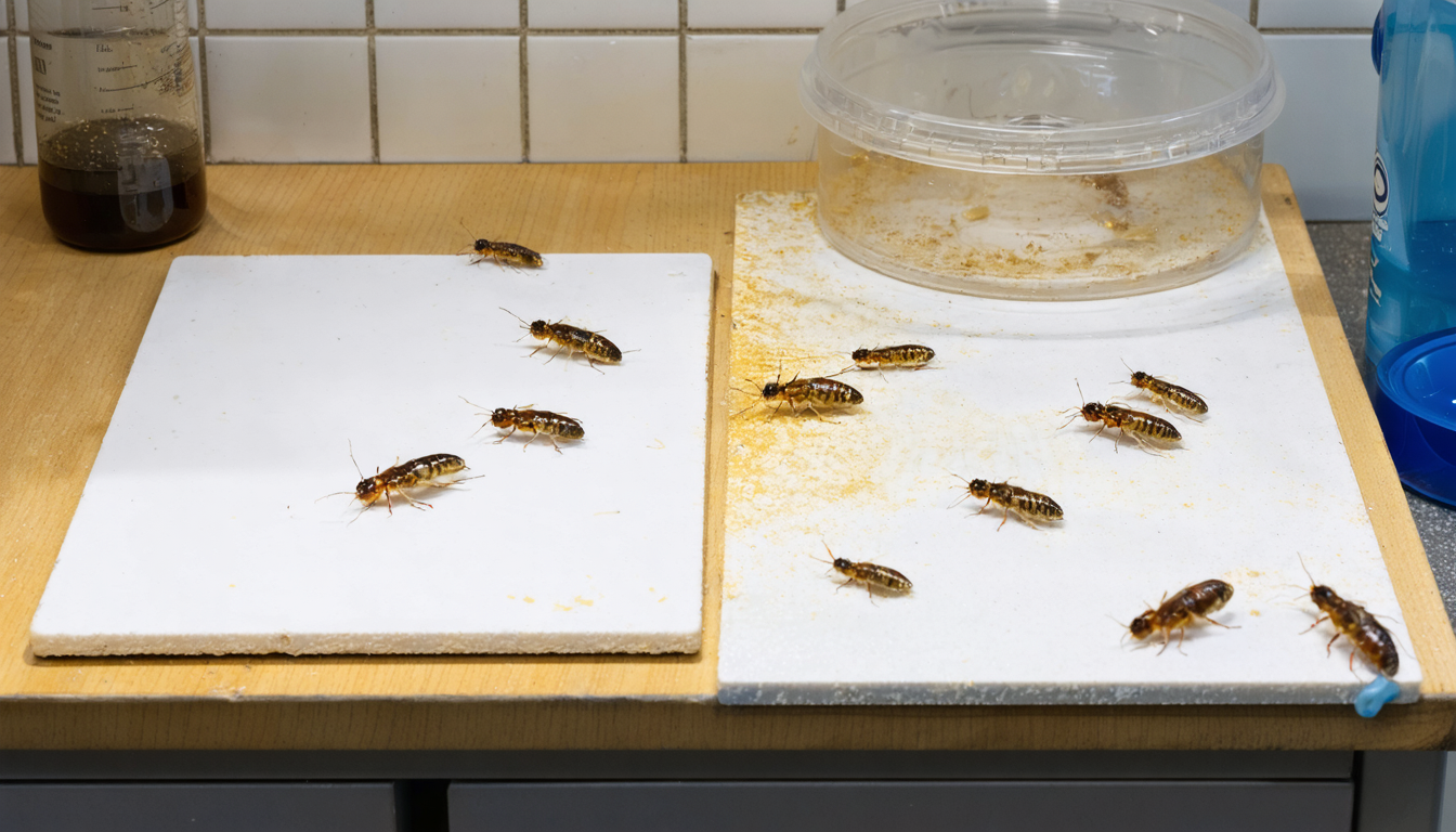 Illustration: A lab bench with a ceramic tile and a pine board, each lying under a petri-dish-style clear plastic arena ring. Both surfaces carry a dried, faintly glossy spray residue. Several live-looking cockroaches walk unharmed across the dried residue. One dead cockroach lies on its back on a separate wet-sprayed tile at the edge. A small trigger spray bottle without a label sits nearby.